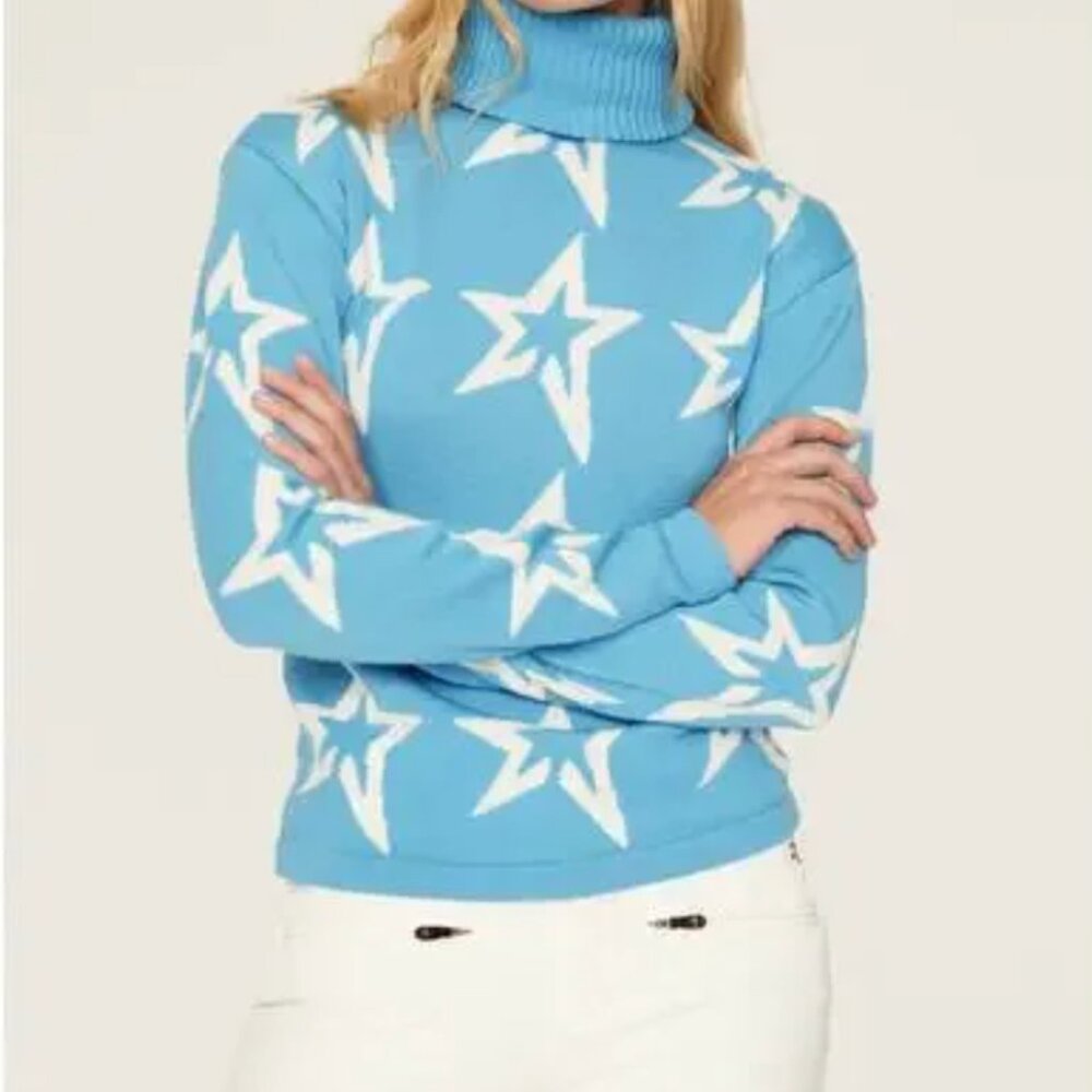 Perfect Moment Blue Star Dust Print Knit Merino Wool Turtleneck Ski Sweater XS